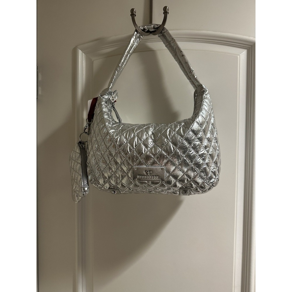 Heart Love by Charo Silver Quilted Shoulder Bag Metallic Y2K Handbag w Pouch NWT - Picture 2 of 11